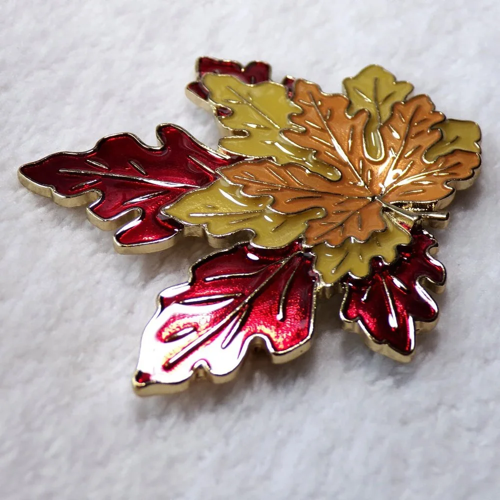 Fall Leaves Enamel Gold Brooch 2 1/4